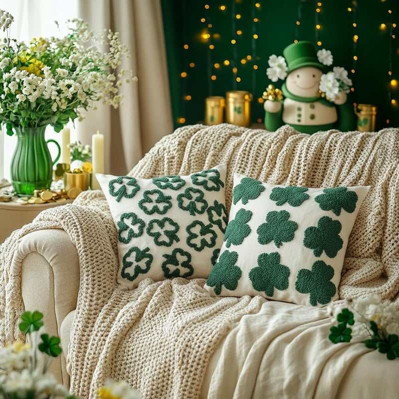 GEEORY St. Patrick's Day Pillow Covers 18x18 Inch Set of 2 - Embroidered Shamrock Canvas Throw Pillow Cases, Farmhouse St. Patrick's Decor Cushion Covers for Sofa Bed Home Decorations - Image 2