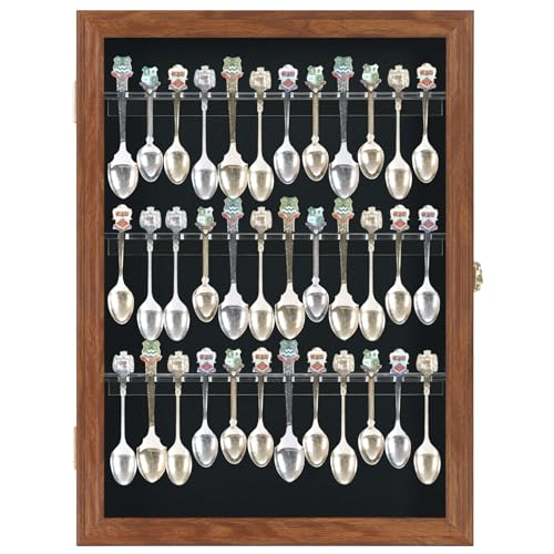 DisplayGifts 36 Souvenir Tea Spoon Solid Wood Display Case Rack Cabinet with Lockable Door Walnut Finish - Image 1