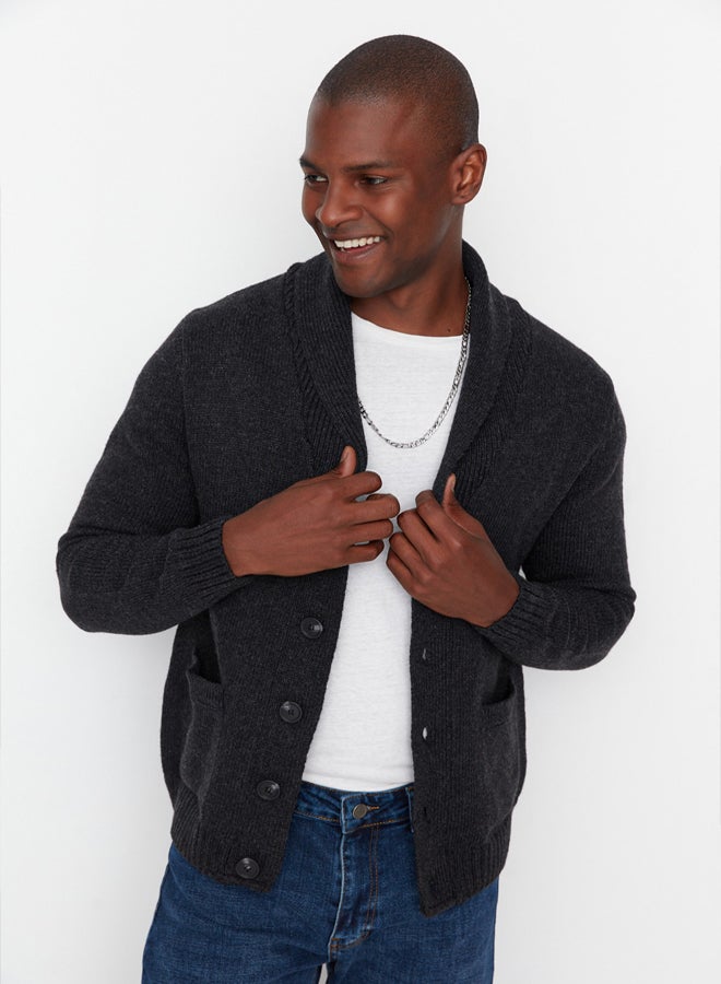 trendyol Anthracite Regular Fit Wool Shawl Collar Knitwear Cardigan - Image 4
