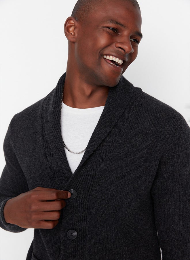trendyol Anthracite Regular Fit Wool Shawl Collar Knitwear Cardigan - Image 1