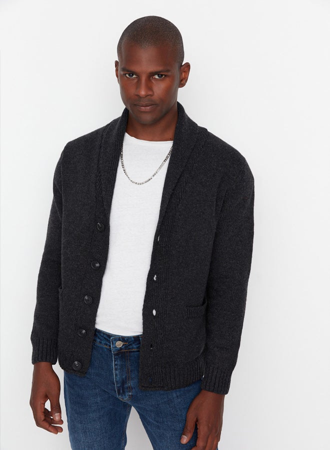 trendyol Anthracite Regular Fit Wool Shawl Collar Knitwear Cardigan - Image 3