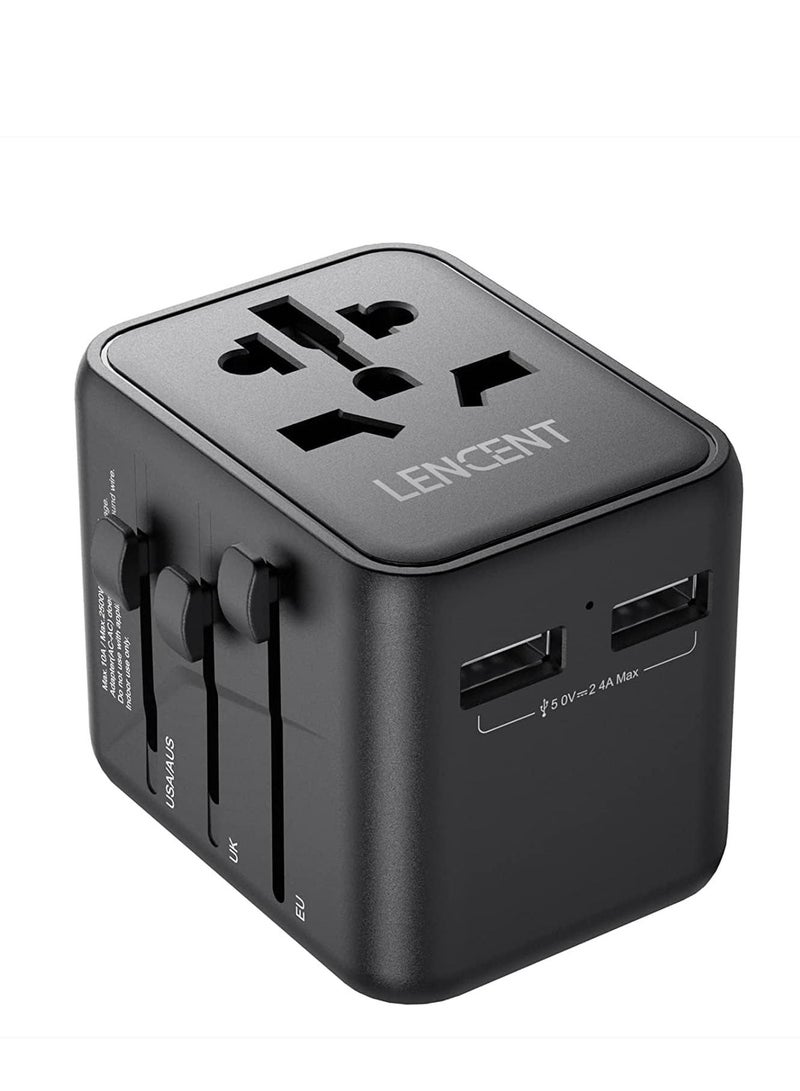 Lencent Universal Travel Adaptor Plug with 2 USB Ports, LENCENT International Power Adapter with UK/USA/EU/AUS Plug, Mini & Compact, All-in-One Worldwide Travel Charger for Over 200 Countries, Black - Image 1