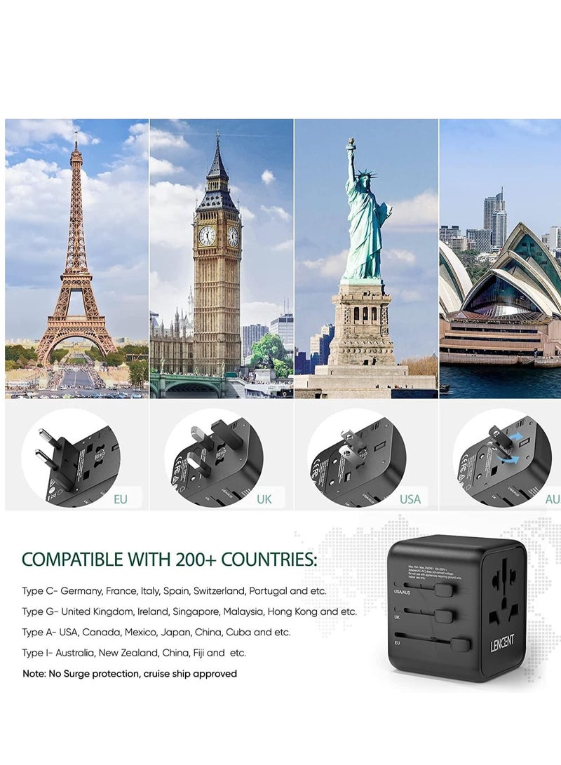 Lencent Universal Travel Adaptor Plug with 2 USB Ports, LENCENT International Power Adapter with UK/USA/EU/AUS Plug, Mini & Compact, All-in-One Worldwide Travel Charger for Over 200 Countries, Black - Image 3