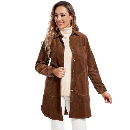 Minibee Women's Corduroy Shirt Coats Long Sleeve Button Down Blouses Tops with Pockets Coffee L - Image 5
