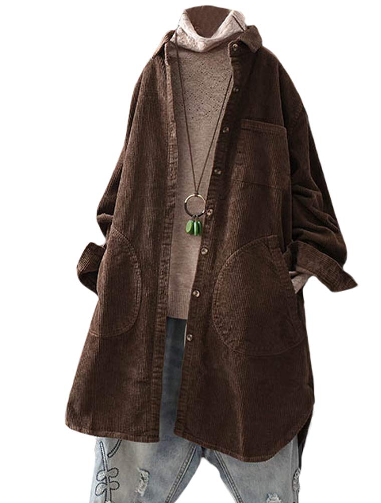 Minibee Women's Corduroy Shirt Coats Long Sleeve Button Down Blouses Tops with Pockets Coffee L - Image 1
