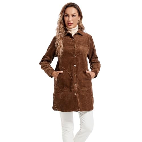 Minibee Women's Corduroy Shirt Coats Long Sleeve Button Down Blouses Tops with Pockets Coffee L - Image 4