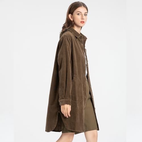 Minibee Women's Corduroy Shirt Coats Long Sleeve Button Down Blouses Tops with Pockets Coffee L - Image 3