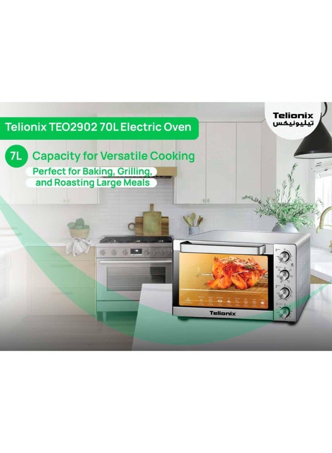 تيليونيكس فرن كهربائي تيليونيكس TEO2902، بسعة 70 لتر، 2200 واط، هيكل من الستانلس ستيل بالكامل، مؤقت 120 دقيقة مع جرس تنبيه، حرارة قابلة للتعديل 70-250°، 4 عناصر تسخين من الستانلس ستيل، هواء ساخن، شواية دوارة ومصباح  - Image 3