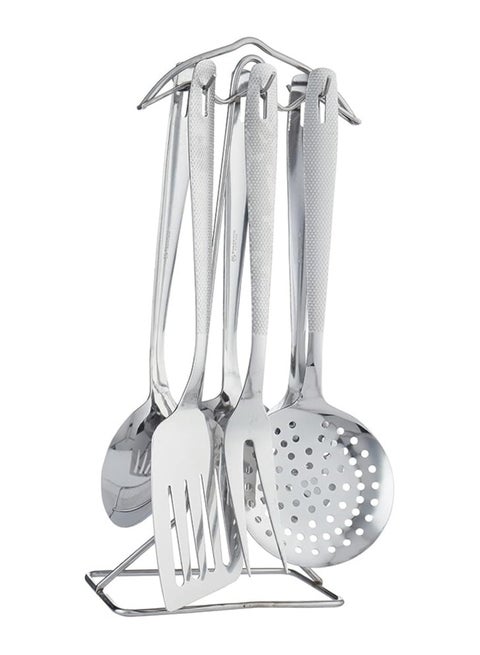 Distribution set consisting of a set of stainless steel kitchen utensils with a holder, 7 pieces - silver