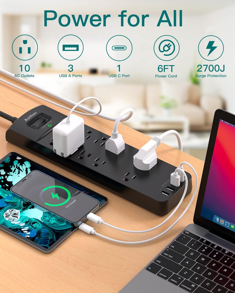 Addtam Power Strip - Addtam Surge Protector with 10 Outlets and 4 USB Ports, 6 Feet Extension Cord with Flat Plug, 2700 Joules, ETL Listed, Black - Image 2