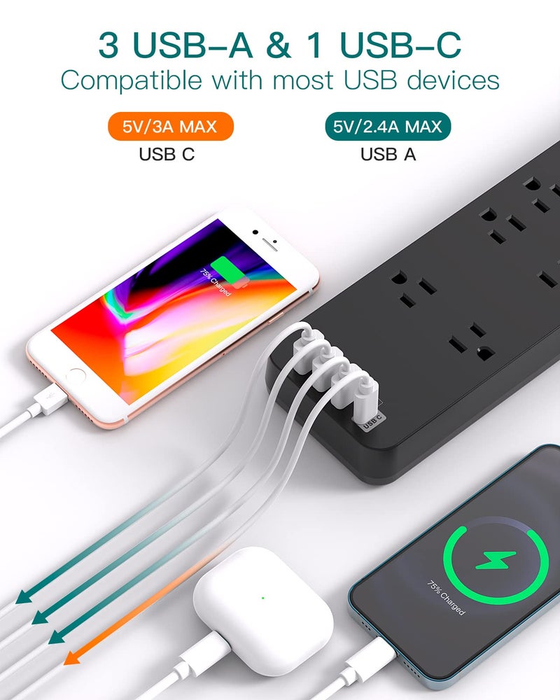 Addtam Power Strip - Addtam Surge Protector with 10 Outlets and 4 USB Ports, 6 Feet Extension Cord with Flat Plug, 2700 Joules, ETL Listed, Black - Image 3