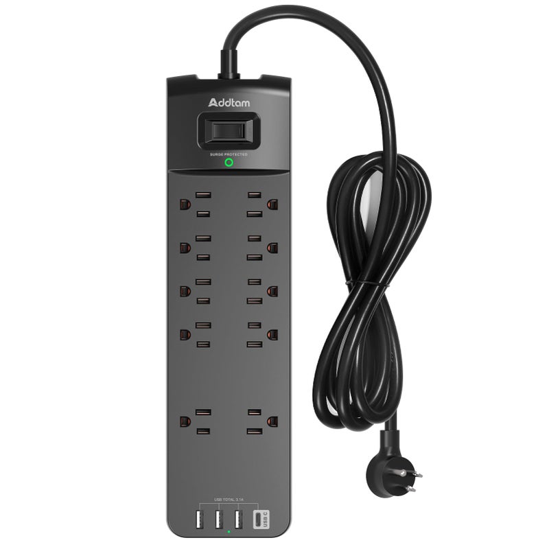 Addtam Power Strip - Addtam Surge Protector with 10 Outlets and 4 USB Ports, 6 Feet Extension Cord with Flat Plug, 2700 Joules, ETL Listed, Black - Image 1