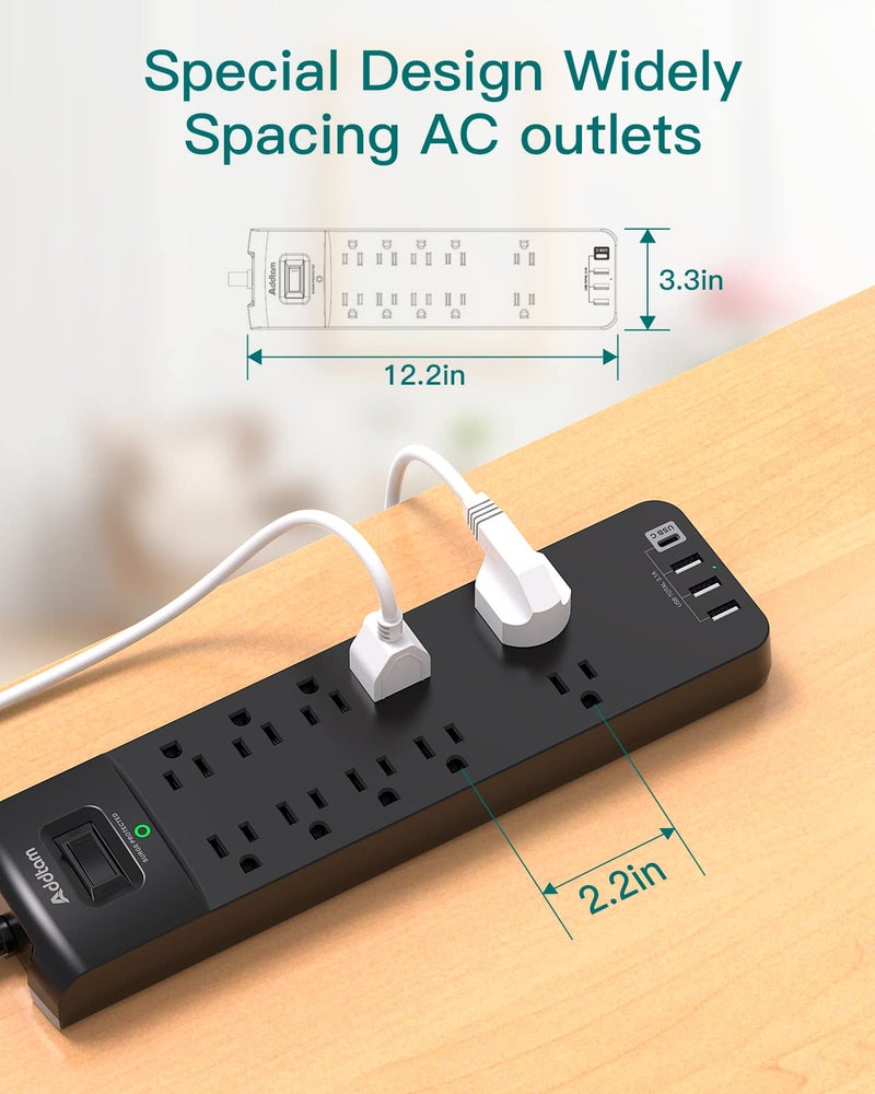 Addtam Power Strip - Addtam Surge Protector with 10 Outlets and 4 USB Ports, 6 Feet Extension Cord with Flat Plug, 2700 Joules, ETL Listed, Black - Image 4