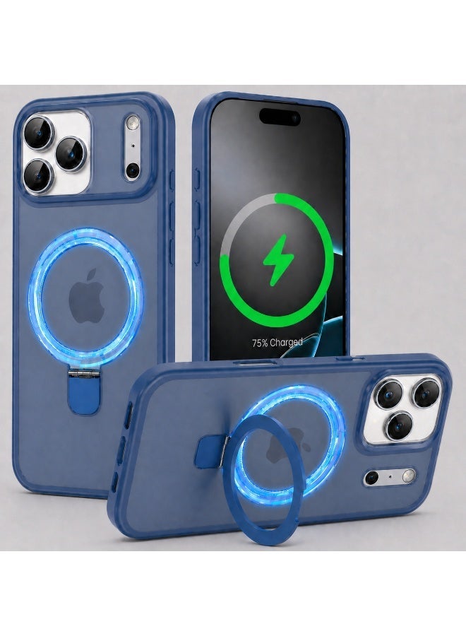 غلاف حماية لـ iPhone 17 Pro (6.3 بوصة)، حامل حلقة مغناطيسية قابل للتعديل، يحتوي على واقي عدسات الكاميرا، غلاف هاتف شبه شفاف مطفي رفيع للغاية ومضاد للصدمات، لون أزرق - Image 1