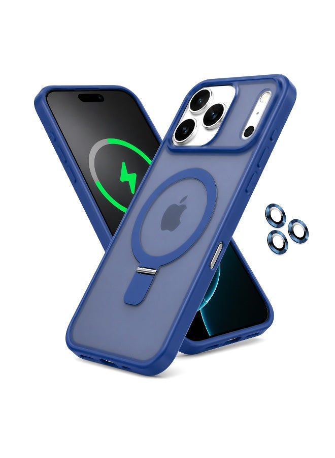 حافظة بحامل حلقي مغناطيسي لهاتف iPhone 17 Pro  مقاس 6.3 بوصة، غطاء شبه شفاف مطفي مقاوم للصدمات مع 3 واقيات لعدسات الكاميرا، أزرق - Image 1