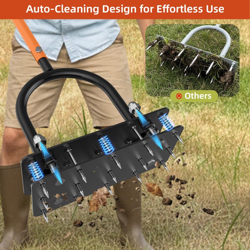 GAINO Manual Lawn Aerator Tool with 15 Spikes, 32"-35" Adjustable T-Handle Aerator for Lawn, Automatic Dirt Ejection Design, Heavy Duty Yard Grass Aerator for Soil Compaction, Black & Orange - Image 4