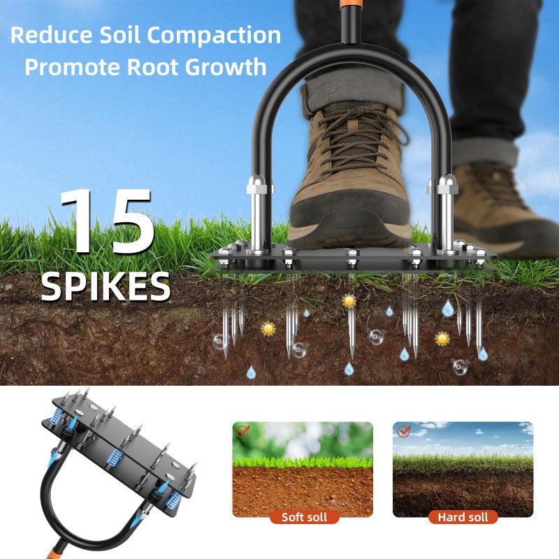 GAINO Manual Lawn Aerator Tool with 15 Spikes, 32"-35" Adjustable T-Handle Aerator for Lawn, Automatic Dirt Ejection Design, Heavy Duty Yard Grass Aerator for Soil Compaction, Black & Orange - Image 3