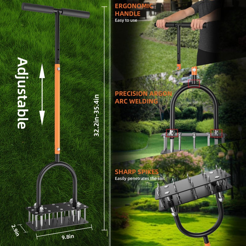 GAINO Manual Lawn Aerator Tool with 15 Spikes, 32"-35" Adjustable T-Handle Aerator for Lawn, Automatic Dirt Ejection Design, Heavy Duty Yard Grass Aerator for Soil Compaction, Black & Orange - Image 2