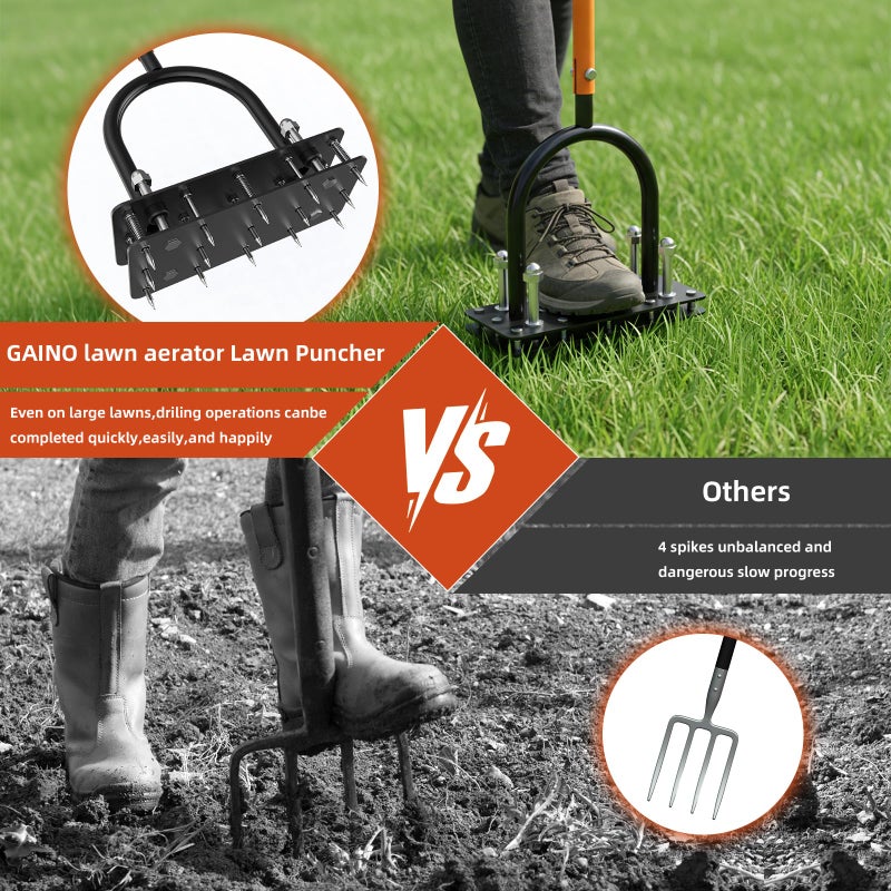 GAINO Manual Lawn Aerator Tool with 15 Spikes, 32"-35" Adjustable T-Handle Aerator for Lawn, Automatic Dirt Ejection Design, Heavy Duty Yard Grass Aerator for Soil Compaction, Black & Orange - Image 5