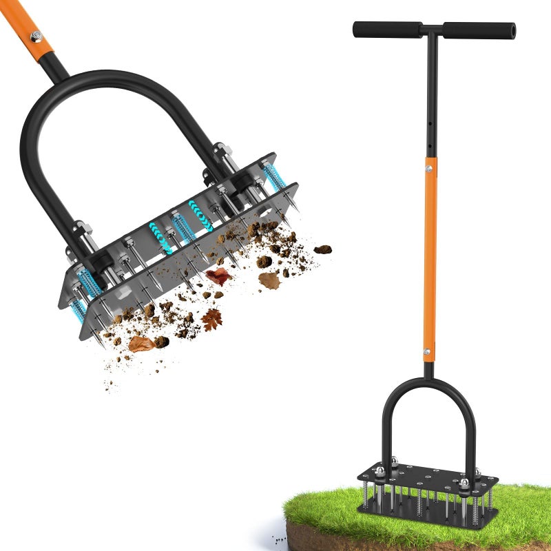 GAINO Manual Lawn Aerator Tool with 15 Spikes, 32"-35" Adjustable T-Handle Aerator for Lawn, Automatic Dirt Ejection Design, Heavy Duty Yard Grass Aerator for Soil Compaction, Black & Orange - Image 1