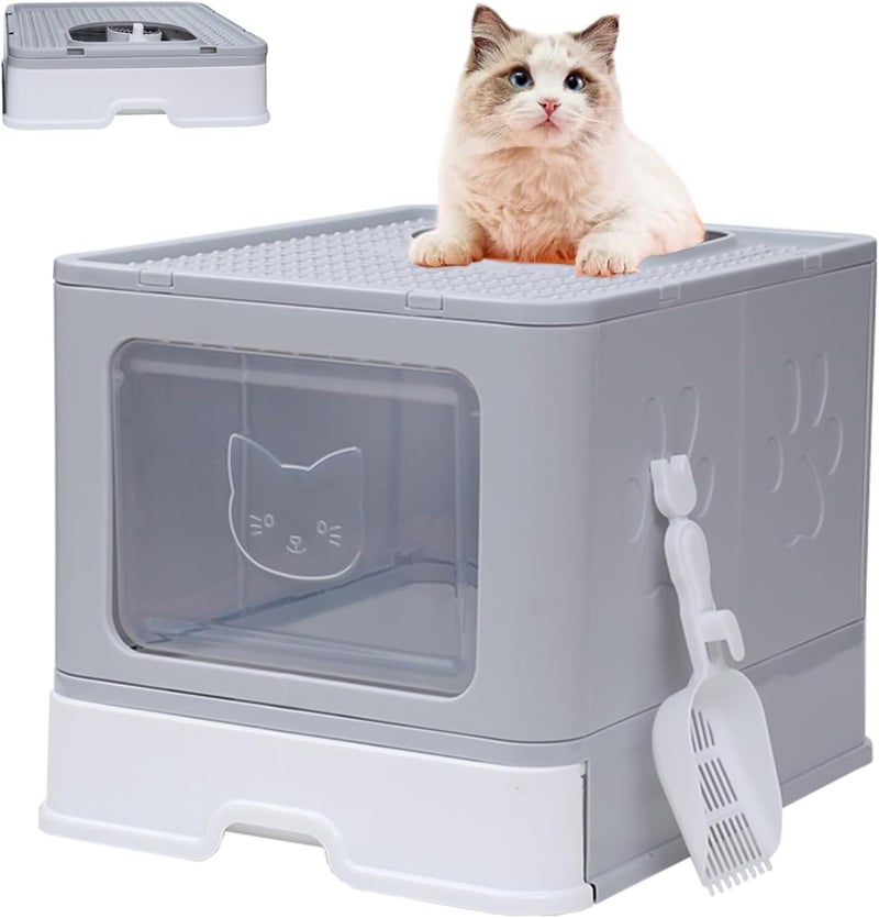 Neostyle Cat Litter Box，Foldable Extra Large Free in and Out/One-Way Liiter Box with Lid, Drawer Type Enclosed Kitty Litter Box,Cat Box with Scoop, Odor Control, Easy to Clean (Grey Square Door) - Image 1