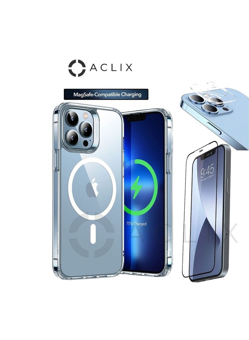 ACLIX 4in1 Shockproof Magsafe-Compatible Charging Case with 3D Tempered Glass Screen Protector & Camera Lens For iPhone 13 Pro Clear