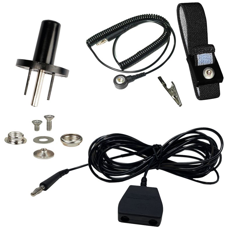 Static Care ESD Mat Workstation Ground Kit - 15' Common Point with Banana Plug, Universal Snap Kit, Banana Plug Adapter, 6' Coil Cord with Alligator Clip, Black Fabric Wrist Band 4mm - Image 1