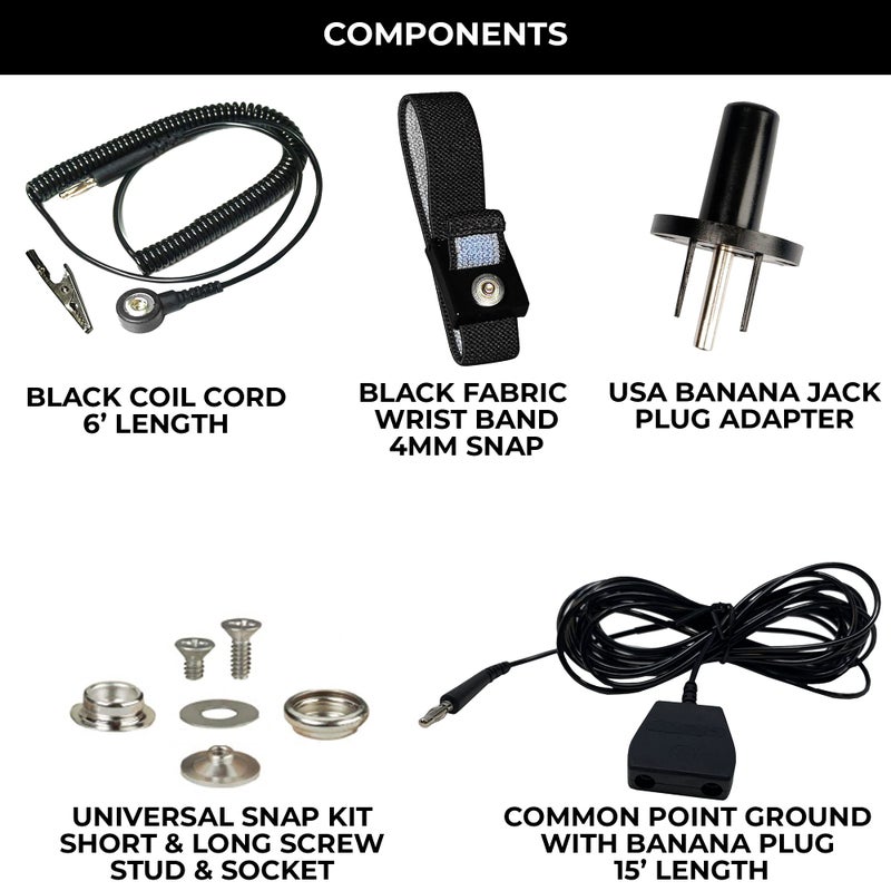 Static Care ESD Mat Workstation Ground Kit - 15' Common Point with Banana Plug, Universal Snap Kit, Banana Plug Adapter, 6' Coil Cord with Alligator Clip, Black Fabric Wrist Band 4mm - Image 2