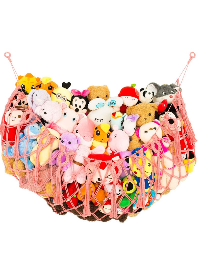 SYOSI 60'' Large Size Stuffed Animal Net Hammock, Wall Mounted-Handmade Macrame Toy Hammock Organizer, Stuffed Animal Display Plush Toys Holder Boho Decor for Nursery Playroom Bedroom Kids Room (Pink) - Image 1