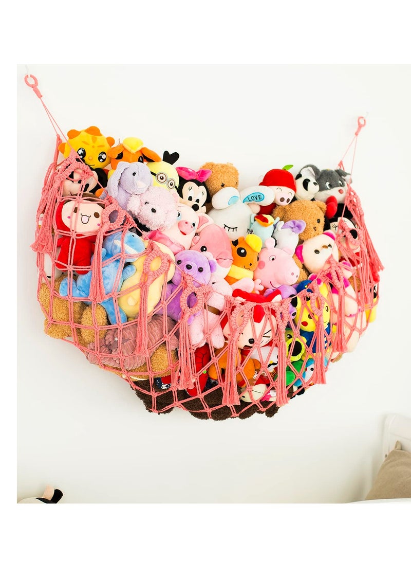SYOSI 60'' Large Size Stuffed Animal Net Hammock, Wall Mounted-Handmade Macrame Toy Hammock Organizer, Stuffed Animal Display Plush Toys Holder Boho Decor for Nursery Playroom Bedroom Kids Room (Pink) - Image 3