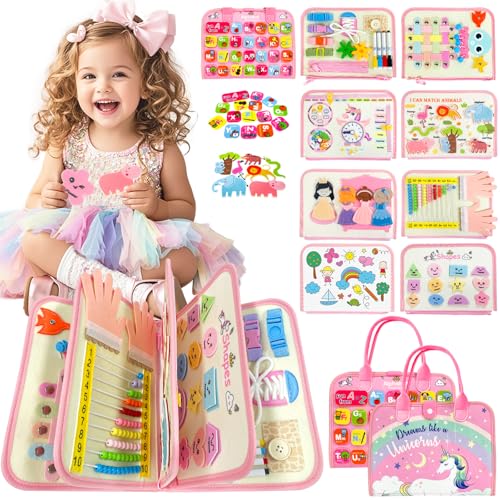 Aurasys Toddler Busy Board Montessori Toys for Girl Birthday GiftEducational Learning Sensory Busy Book Airplane Car Travel Activities Toy for GirlPink - Image 1