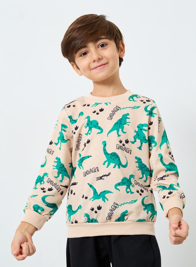 Styli Boys Beige Dinosaur Print Sweatshirt - Image 1