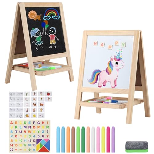 Kileubuto Tabletop Painting Wooden Art Easel for Kids 4in1 DoubleSided Drawing Board for Toddlers 24 Chalkboard Dry Whiteboard with Markers Eraser Magnetic LettersNumbers Flashcards - Image 1