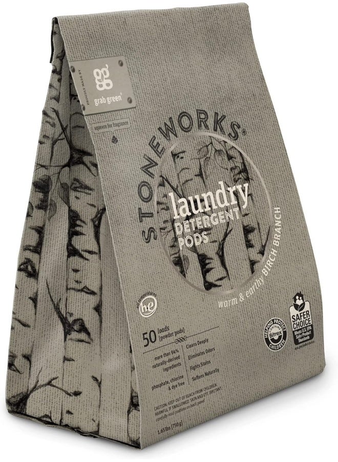 Grab Green Stoneworks Laundry Detergent Pods, 100 Count, Birch Branch Scent, Plant and Mineral Based, Cleans Deeply, Eliminates Odors, Fights Stains, Softens Naturally, Packaging may vary - Image 2