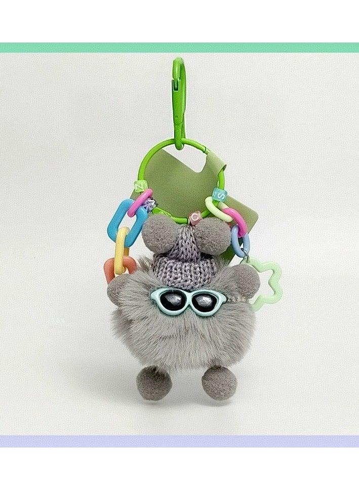 Key Ring, Grey Fluffy Monster Keychain, Adorable Plush Bag Accessory, Fashionable Keyring with Knitted Hat and Glasses, Perfect for Handbags, Purses, Backpacks, Water Bottles and Car Keys, Made from Soft and Durable Materials