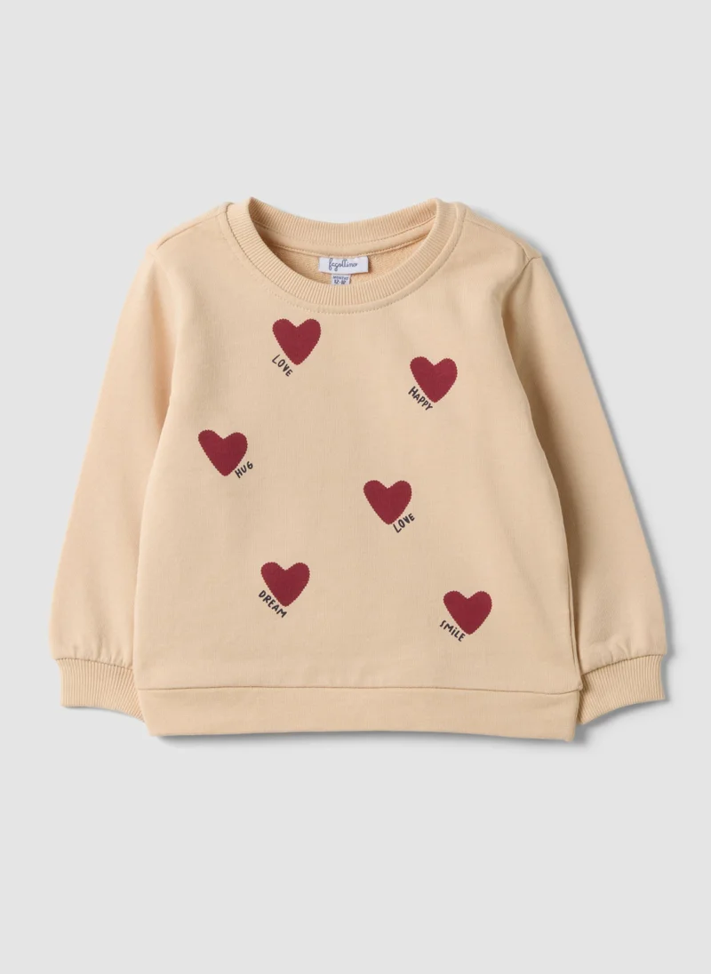 او في اس OVS Beige Pure Cotton Crew-Neck Sweatshirt With Heart Print For Baby Girl