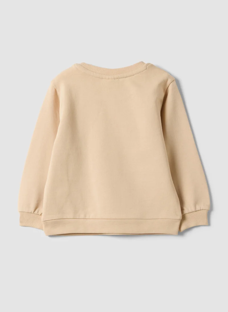 او في اس OVS Beige Pure Cotton Crew-Neck Sweatshirt With Heart Print For Baby Girl
