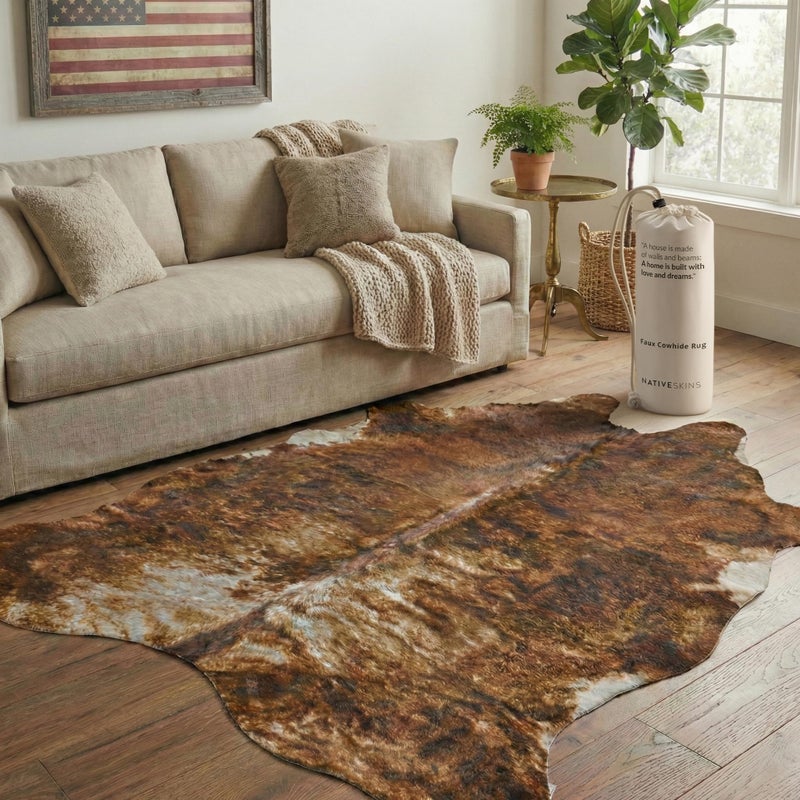 NativeSkins Faux Cowhide Rug â€“ Brindle (Large) | 4.6ft x 6.6ft | Triple-Layer Support | Ultra-Soft Pile | Hand-Cut, Faux Suede No-Slip Backing | Western Rug | Cow Hide Animal Print - Image 1