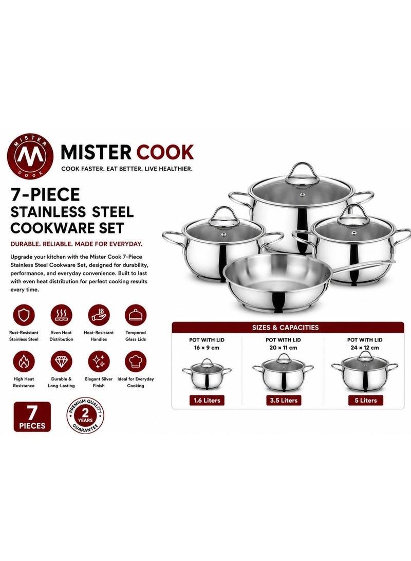Mister Cook 7-Piece Stainless Steel Cookware Set with Glass Lids – Perfect for Every Kitchen - Image 1