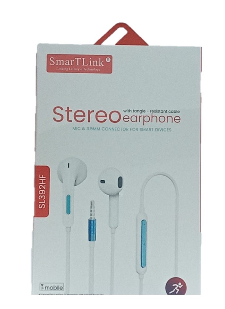 SmarTLink Wired Stereo Earphones with a 3.5mm Connector & Mic (White)Plug For Smart Devices with a tangle-resistant cable  - Image 1