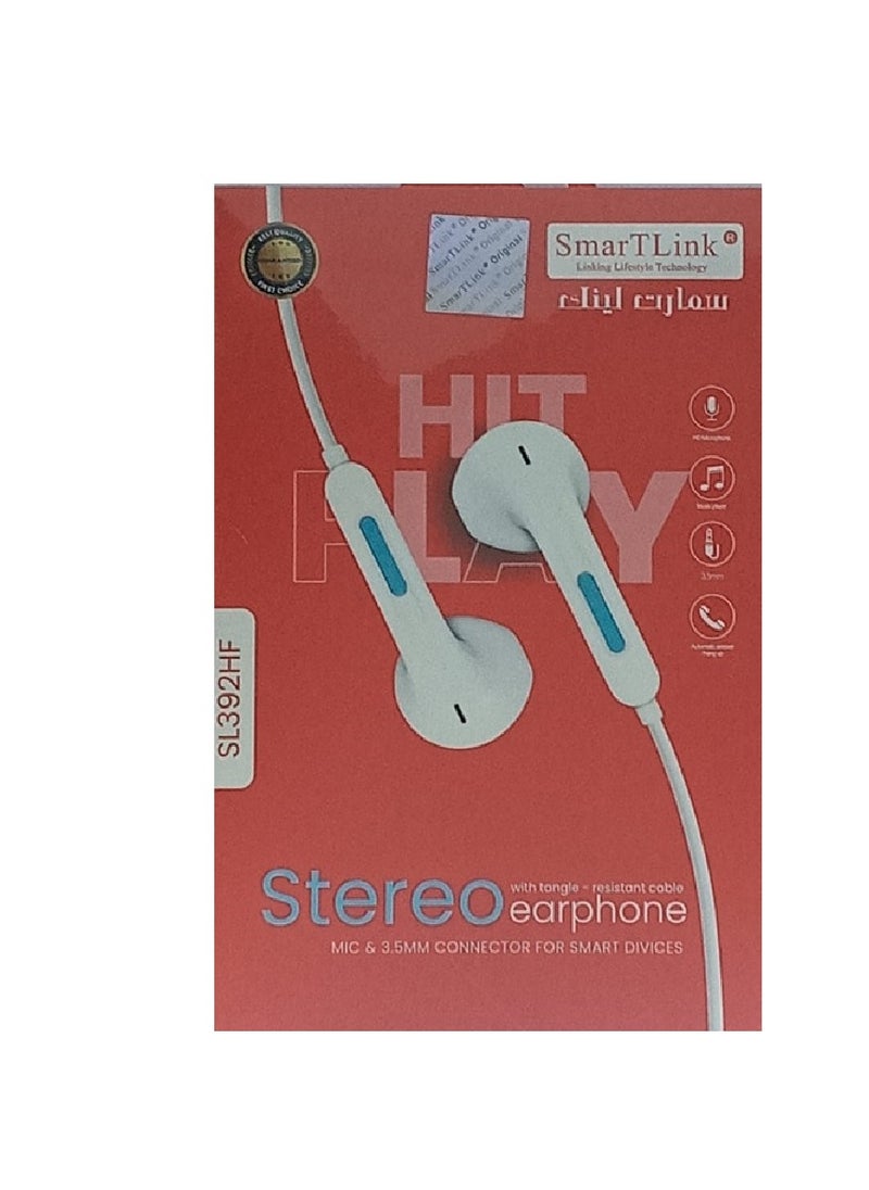 SmarTLink Wired Stereo Earphones with a 3.5mm Connector & Mic (White)Plug For Smart Devices with a tangle-resistant cable  - Image 2