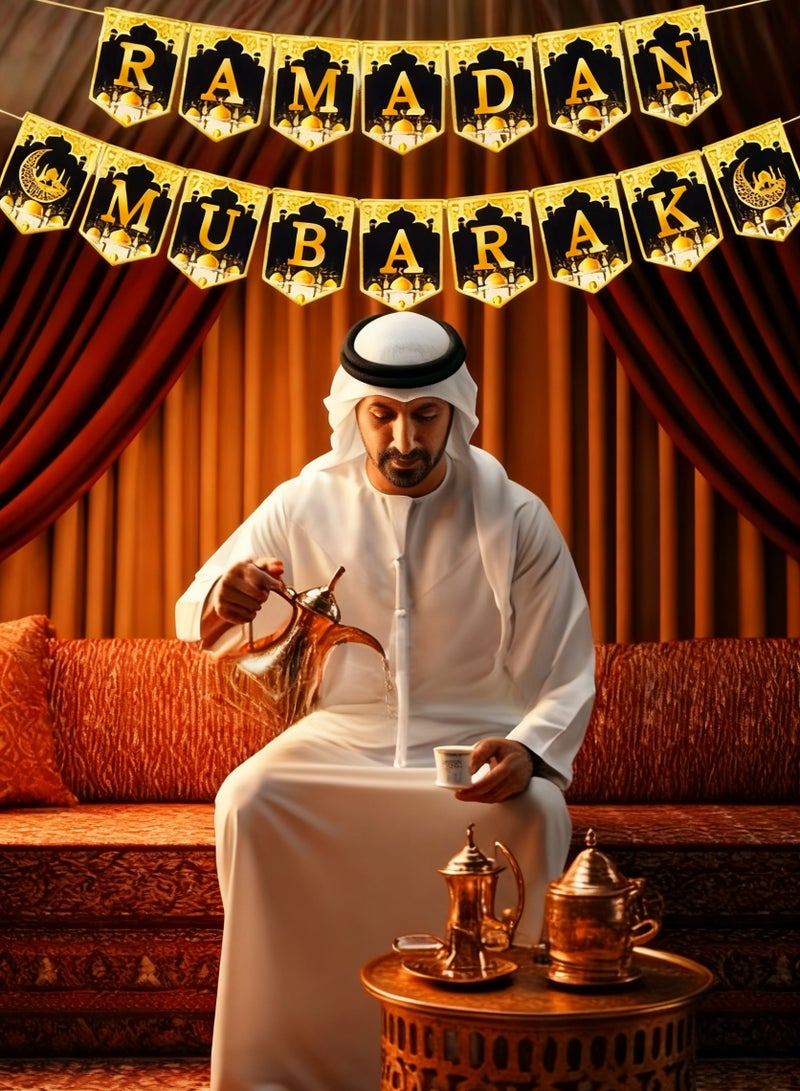 ناكسي فلاي ديكورات رمضان مبارك للمنزل، لافتة رمضان مع لافتة خلفية معلقة لمستلزمات الحفلات على الحائط باللون الذهبي والأسود - Image 5