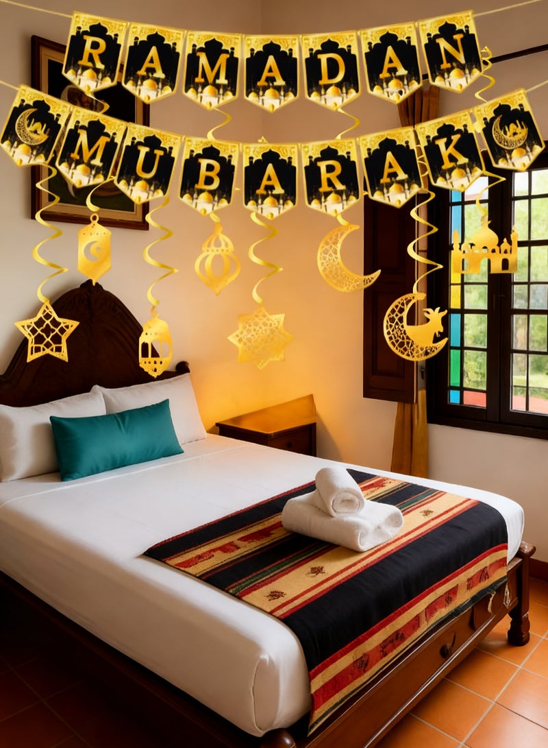 ناكسي فلاي ديكورات رمضان مبارك للمنزل، لافتة رمضان مع لافتة خلفية معلقة لمستلزمات الحفلات على الحائط باللون الذهبي والأسود - Image 4