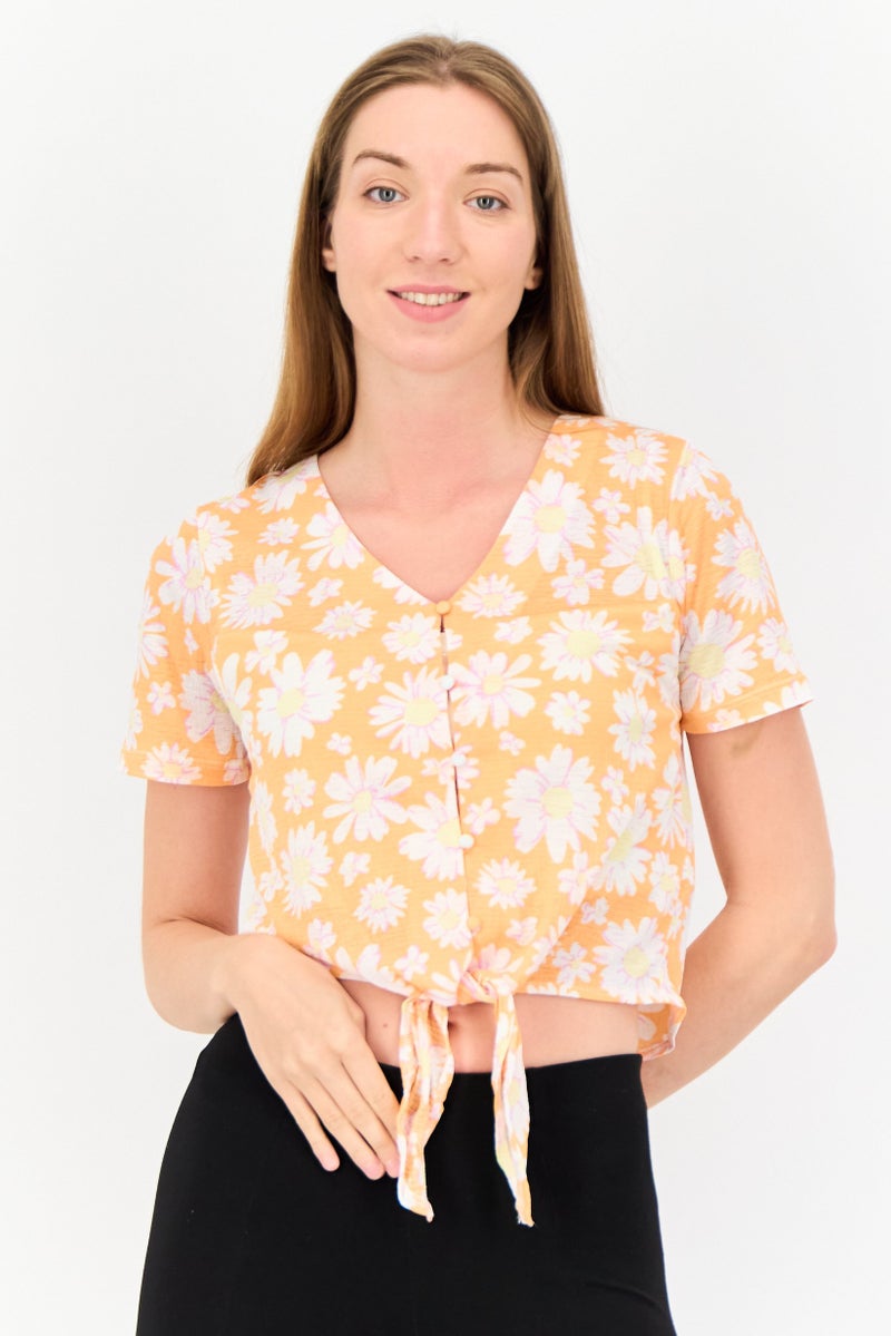 ONLY Women V-Neck Short Sleeve Floral Print Top, Multicolor  - Image 1