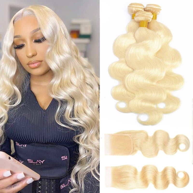 613 Blonde Body Wave Bundles Human Hair with Closure 18 20 2216 12A Grade Brazilian Virgin 613 Blonde Body Wave Human Hair 3 Bundles with Transparent Lace Closure