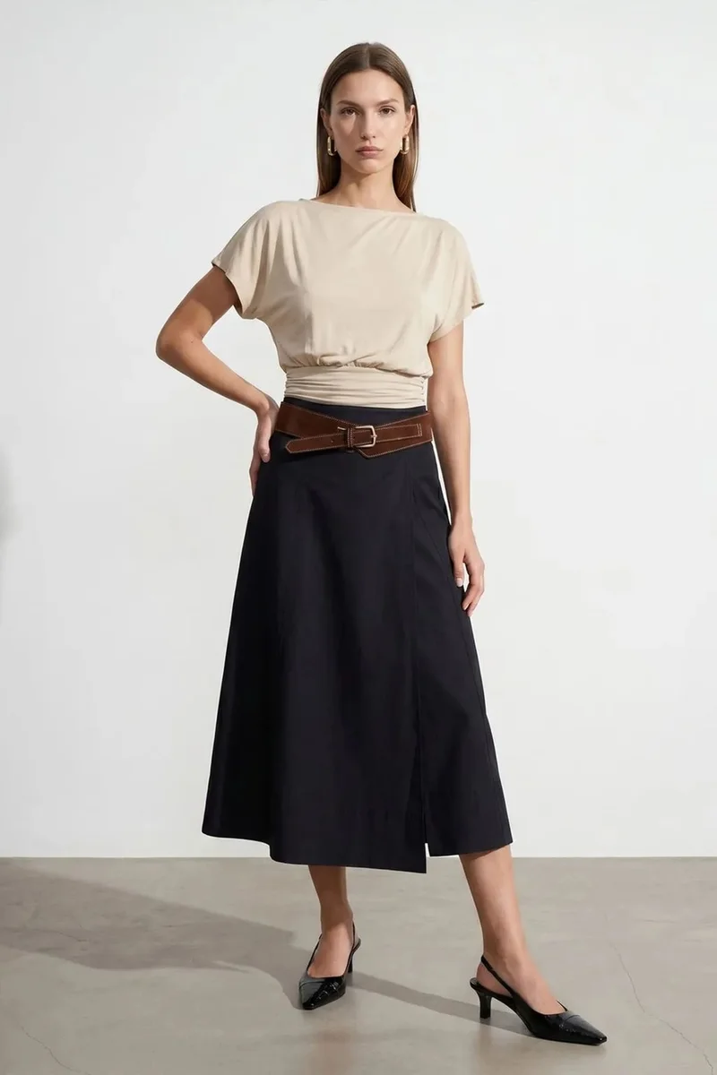 Dilvin Beige Natural DILVIN Women's Modal Blend Cut-out Crew Neck Blouse for Women | Best Price UAE