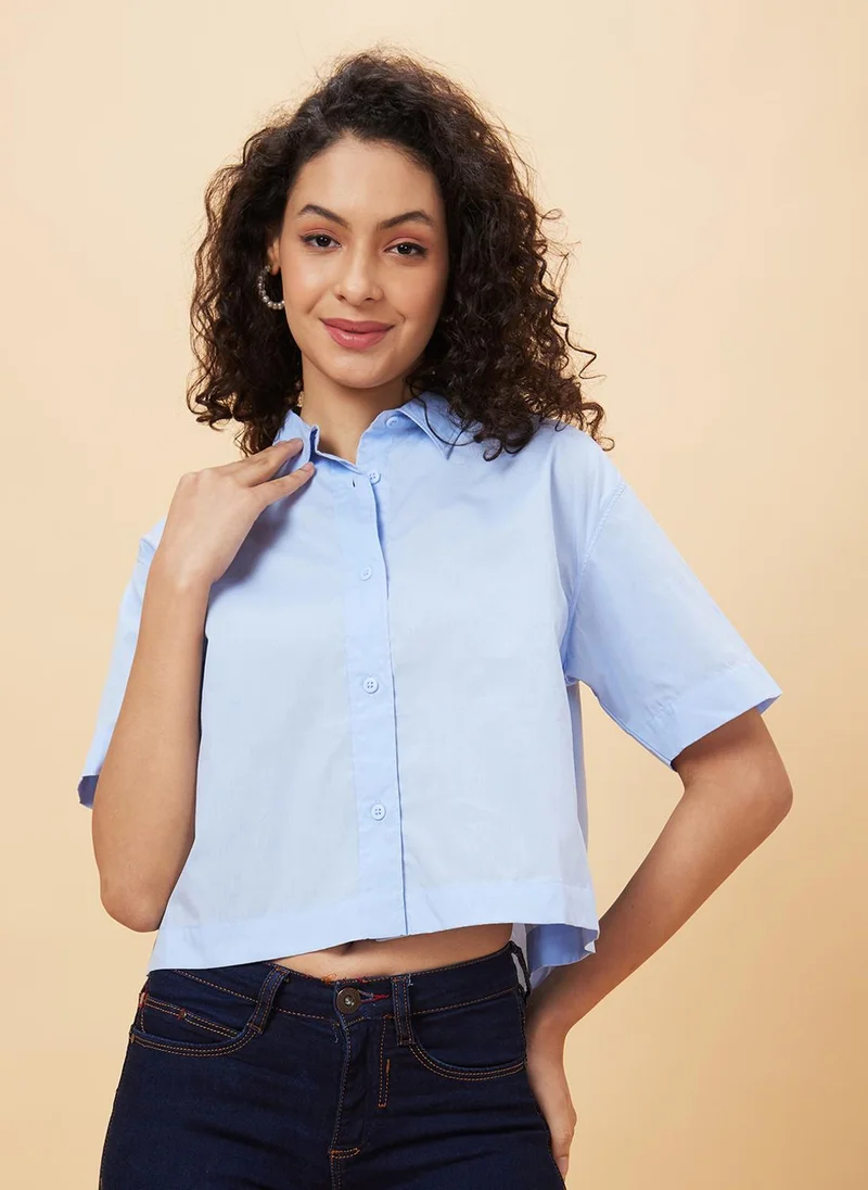Globus Globus Women Blue Regular Fit Spread Collar Cotton Casual Crop Shirt