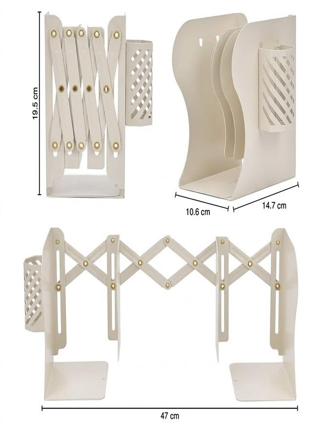oddpod™ Premium Expandable Metal Bookends with Pen Holder for Office Decor/Book Shelf/Living Room/Home Décor 6666 7.5"- Ivory - Image 2