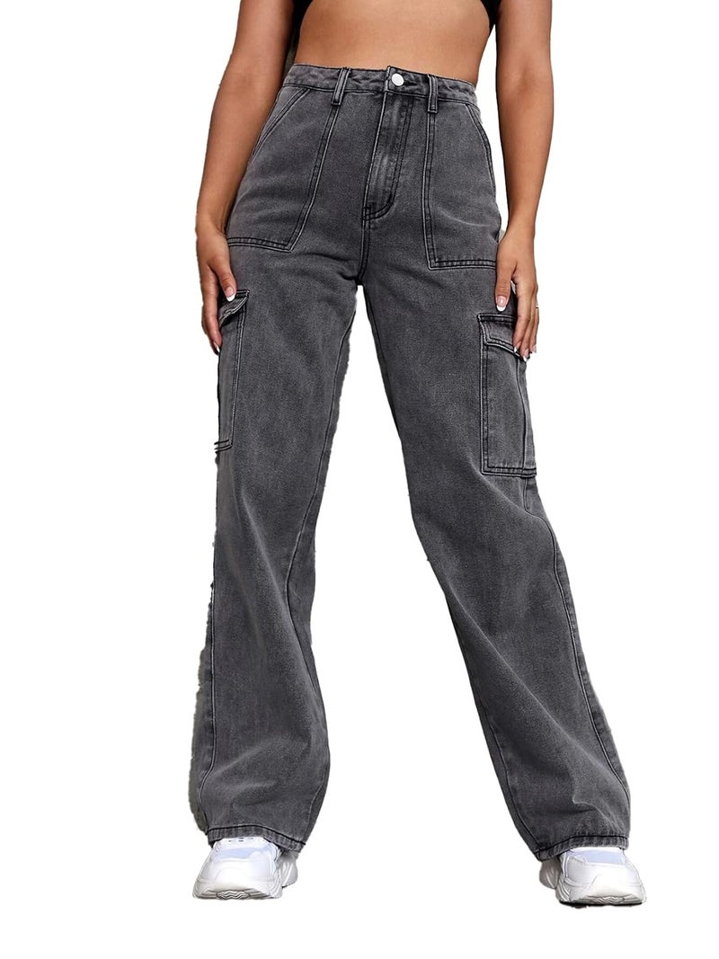 KOTTY Women's Solid High Rise Relaxed Fit Cargo Jeans Dark Grey - Image 1