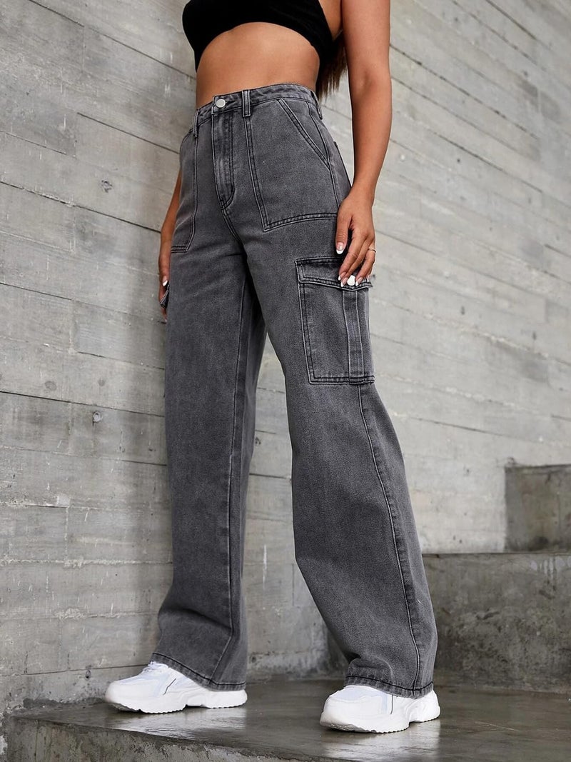 KOTTY Women's Solid High Rise Relaxed Fit Cargo Jeans Dark Grey - Image 2